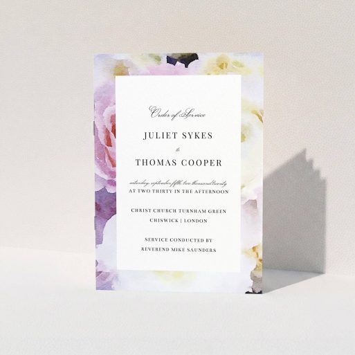 Multi-page Wedding Order of Service Design - "Purple Rose Cover" A multipage wedding order of service template titled "Purple Rose Cover". It is an A5 booklet in a portrait orientation. "Purple Rose Cover" is available as a folded booklet booklet, with tones of light purple and pink.
