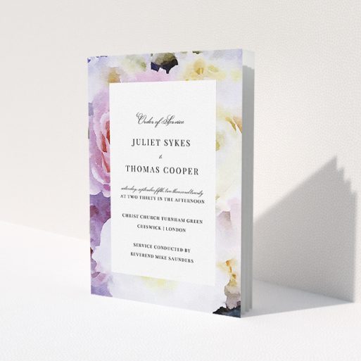 A multipage wedding order of service template titled 'Purple Rose Cover'. It is an A5 booklet in a portrait orientation. 'Purple Rose Cover' is available as a folded booklet booklet, with tones of light purple and pink.