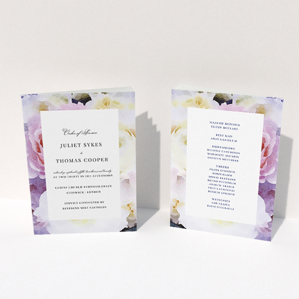 A multipage wedding order of service template titled "Purple Rose Cover". It is an A5 booklet in a portrait orientation. "Purple Rose Cover" is available as a folded booklet booklet, with tones of light purple and pink.