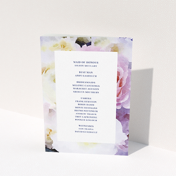 A multipage wedding order of service template titled "Purple Rose Cover". It is an A5 booklet in a portrait orientation. "Purple Rose Cover" is available as a folded booklet booklet, with tones of light purple and pink.