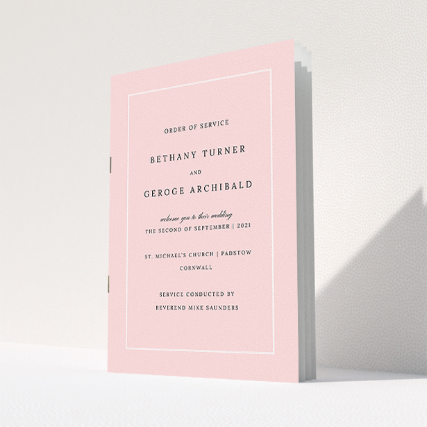 A multipage wedding order of service named "Salmon Pink Classic". It is an A5 booklet in a portrait orientation. "Salmon Pink Classic" is available as a folded booklet booklet, with tones of pink and white.