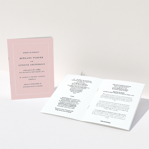 A multipage wedding order of service named "Salmon Pink Classic". It is an A5 booklet in a portrait orientation. "Salmon Pink Classic" is available as a folded booklet booklet, with tones of pink and white.