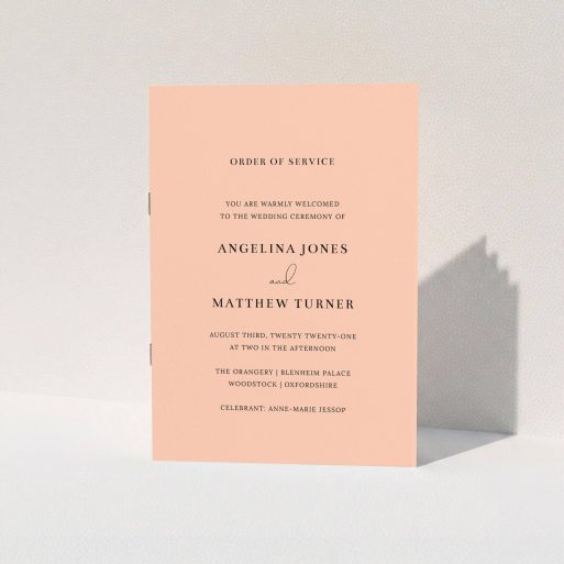 Multi-page Wedding Order of Service Design - "Salmon Pink Simple" A multipage wedding order of service template titled "Salmon Pink Simple". It is an A5 booklet in a portrait orientation. "Salmon Pink Simple" is available as a folded booklet booklet, with mainly pink colouring.