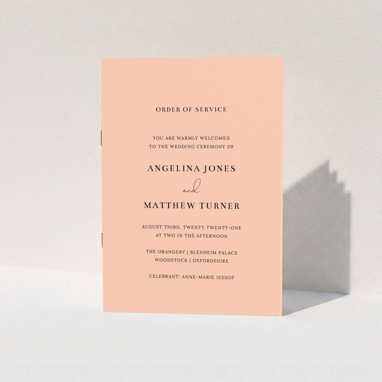 A multipage wedding order of service template titled "Salmon Pink Simple". It is an A5 booklet in a portrait orientation. "Salmon Pink Simple" is available as a folded booklet booklet, with mainly pink colouring.