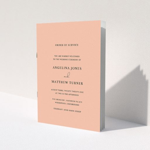 A multipage wedding order of service template titled 'Salmon Pink Simple'. It is an A5 booklet in a portrait orientation. 'Salmon Pink Simple' is available as a folded booklet booklet, with mainly pink colouring.