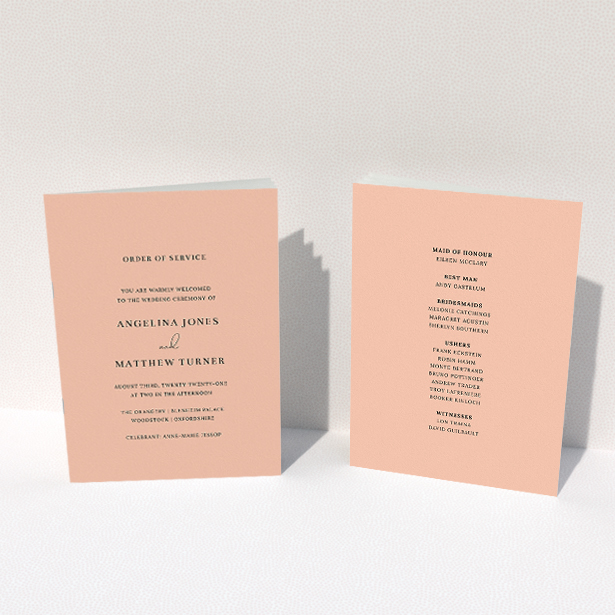 A multipage wedding order of service template titled "Salmon Pink Simple". It is an A5 booklet in a portrait orientation. "Salmon Pink Simple" is available as a folded booklet booklet, with mainly pink colouring.