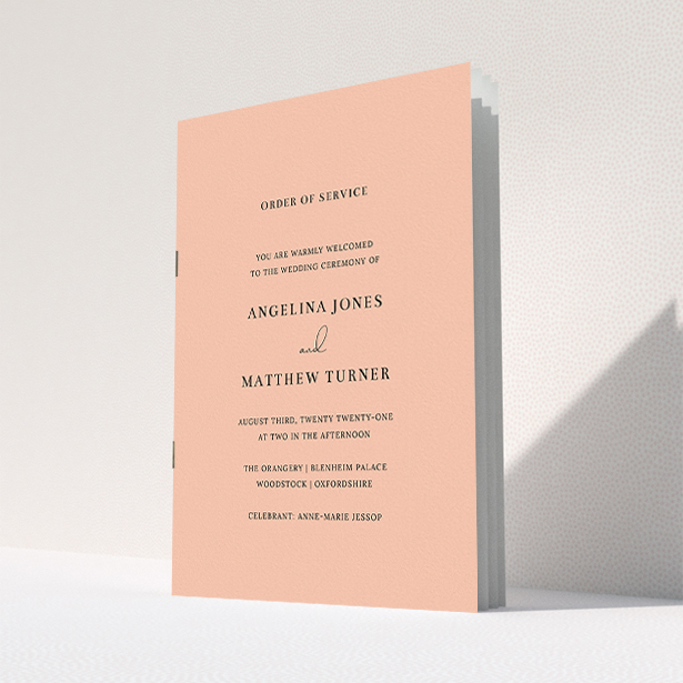 A multipage wedding order of service template titled "Salmon Pink Simple". It is an A5 booklet in a portrait orientation. "Salmon Pink Simple" is available as a folded booklet booklet, with mainly pink colouring.
