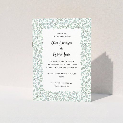 Multi-page Wedding Order of Service Design - "Scattered Branches" A multipage wedding order of service design named "Scattered Branches". It is an A5 booklet in a portrait orientation. "Scattered Branches" is available as a folded booklet booklet, with tones of green and white.