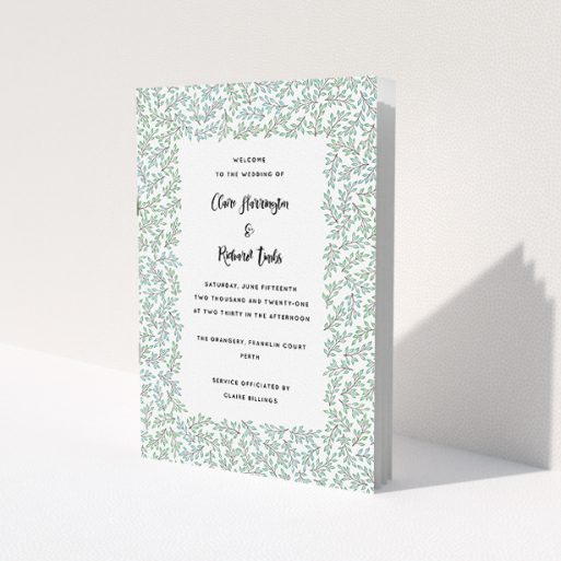 A multipage wedding order of service design named 'Scattered Branches'. It is an A5 booklet in a portrait orientation. 'Scattered Branches' is available as a folded booklet booklet, with tones of green and white.