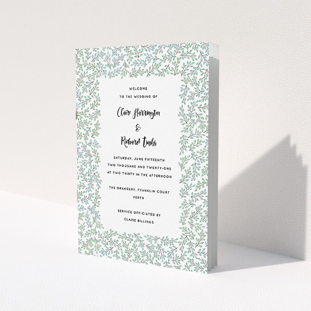 A multipage wedding order of service design named "Scattered Branches". It is an A5 booklet in a portrait orientation. "Scattered Branches" is available as a folded booklet booklet, with tones of green and white.