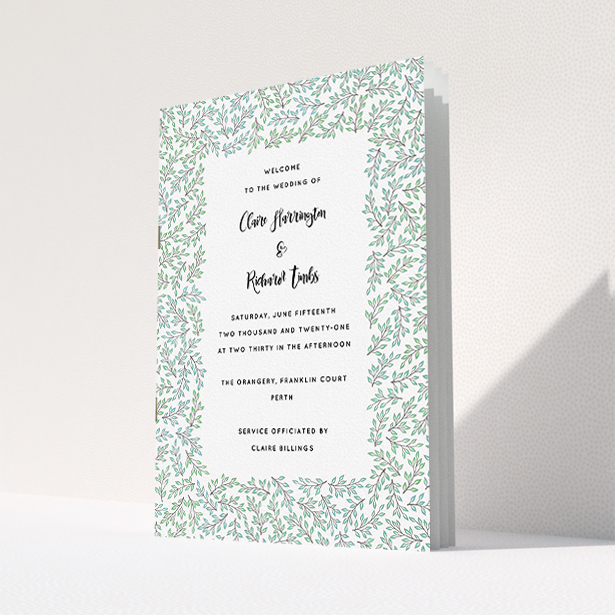 A multipage wedding order of service design named "Scattered Branches". It is an A5 booklet in a portrait orientation. "Scattered Branches" is available as a folded booklet booklet, with tones of green and white.