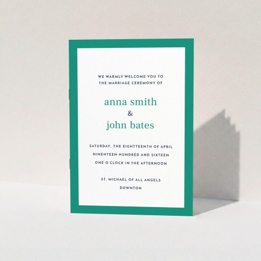 Multi-page Wedding Order of Service Design - "Simple Display" A multipage wedding order of service template titled "Simple Display". It is an A5 booklet in a portrait orientation. "Simple Display" is available as a folded booklet booklet, with tones of green and white.