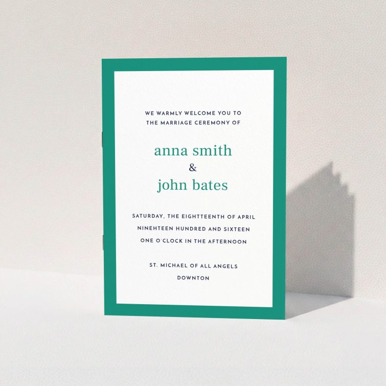A multipage wedding order of service template titled "Simple Display". It is an A5 booklet in a portrait orientation. "Simple Display" is available as a folded booklet booklet, with tones of green and white.