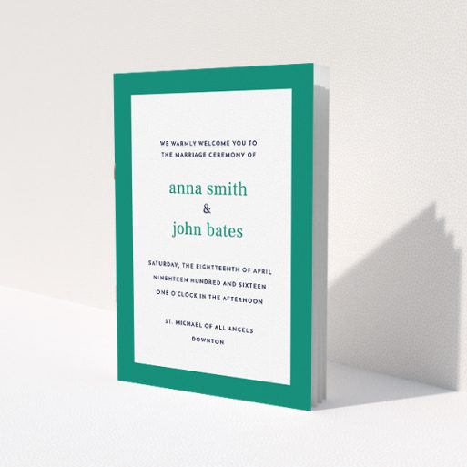 A multipage wedding order of service template titled 'Simple Display'. It is an A5 booklet in a portrait orientation. 'Simple Display' is available as a folded booklet booklet, with tones of green and white.