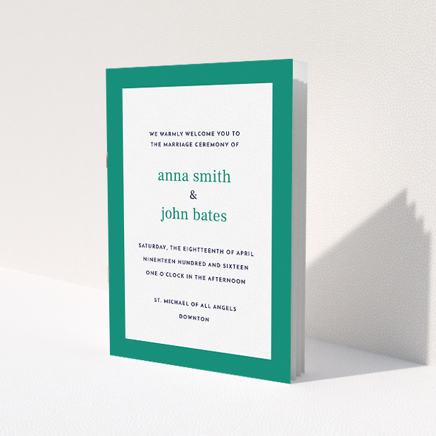 A multipage wedding order of service template titled "Simple Display". It is an A5 booklet in a portrait orientation. "Simple Display" is available as a folded booklet booklet, with tones of green and white.