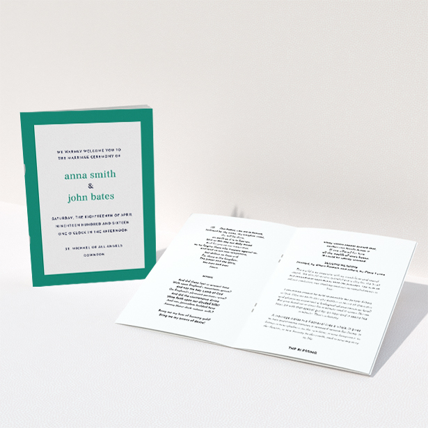 A multipage wedding order of service template titled "Simple Display". It is an A5 booklet in a portrait orientation. "Simple Display" is available as a folded booklet booklet, with tones of green and white.