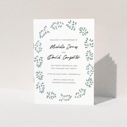 Multi-page Wedding Order of Service Design - "Simple Modern Floral" A multipage wedding order of service called "Simple Modern Floral". It is an A5 booklet in a portrait orientation. "Simple Modern Floral" is available as a folded booklet booklet, with tones of blue and white.