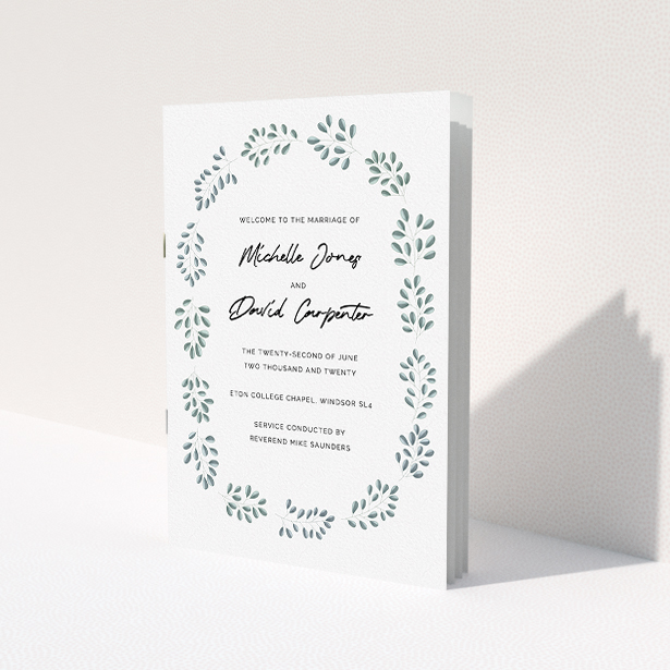 A multipage wedding order of service called 'Simple Modern Floral'. It is an A5 booklet in a portrait orientation. 'Simple Modern Floral' is available as a folded booklet booklet, with tones of blue and white.
