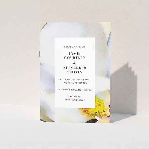 A multipage wedding order of service design titled "Spring Wedding Order of Service". It is an A5 booklet in a portrait orientation. "Spring Wedding Order of Service" is available as a folded booklet booklet, with tones of yellow, white and cream.