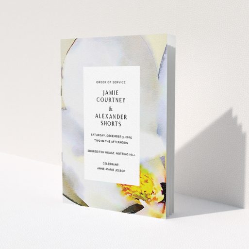 A multipage wedding order of service design titled 'Spring Wedding Order of Service'. It is an A5 booklet in a portrait orientation. 'Spring Wedding Order of Service' is available as a folded booklet booklet, with tones of yellow, white and cream.
