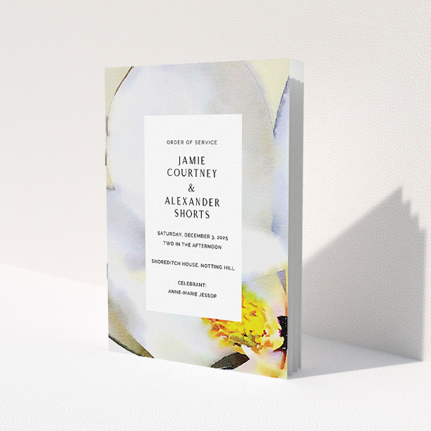 A multipage wedding order of service design titled "Spring Wedding Order of Service". It is an A5 booklet in a portrait orientation. "Spring Wedding Order of Service" is available as a folded booklet booklet, with tones of yellow, white and cream.