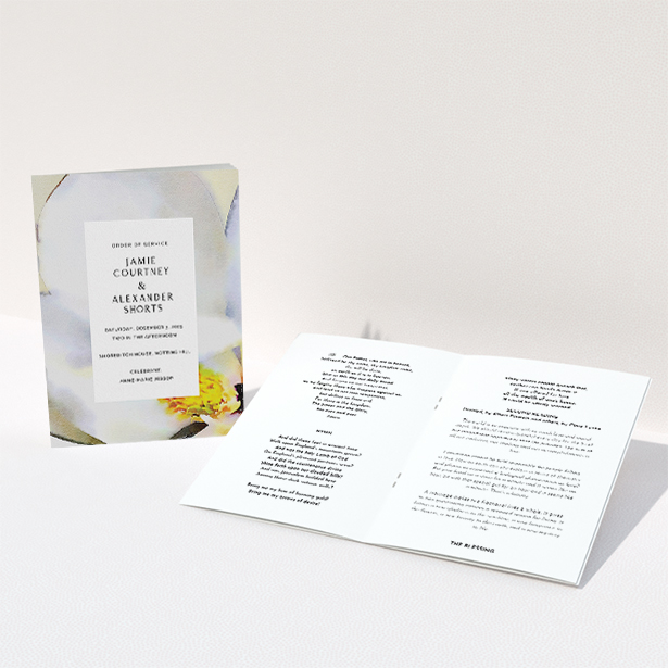A multipage wedding order of service design titled "Spring Wedding Order of Service". It is an A5 booklet in a portrait orientation. "Spring Wedding Order of Service" is available as a folded booklet booklet, with tones of yellow, white and cream.