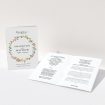 A multipage wedding order of service template titled "Spring Wedding Wreath". It is an A5 booklet in a portrait orientation. "Spring Wedding Wreath" is available as a folded booklet booklet, with mainly pink colouring.