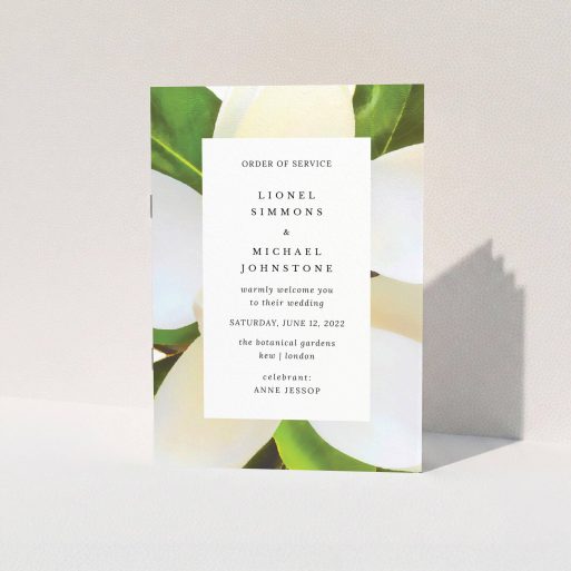 A multipage wedding order of service design titled "Summer Border". It is an A5 booklet in a portrait orientation. "Summer Border" is available as a folded booklet booklet, with tones of green and white.