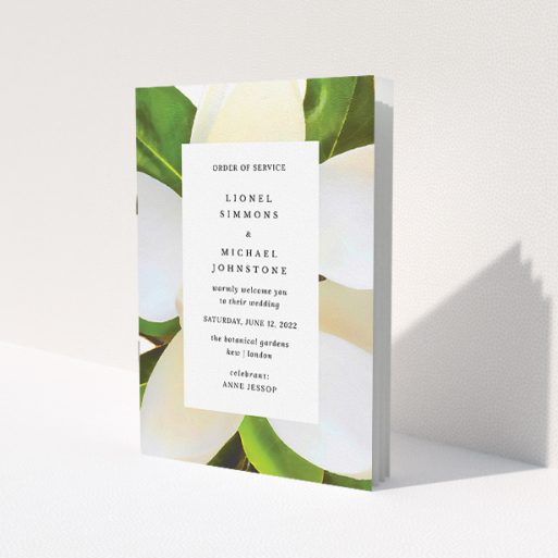 A multipage wedding order of service design titled 'Summer Border'. It is an A5 booklet in a portrait orientation. 'Summer Border' is available as a folded booklet booklet, with tones of green and white.