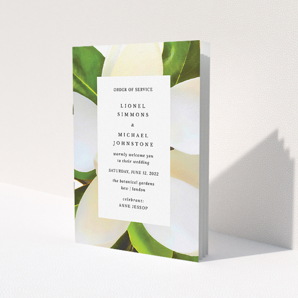 A multipage wedding order of service design titled "Summer Border". It is an A5 booklet in a portrait orientation. "Summer Border" is available as a folded booklet booklet, with tones of green and white.