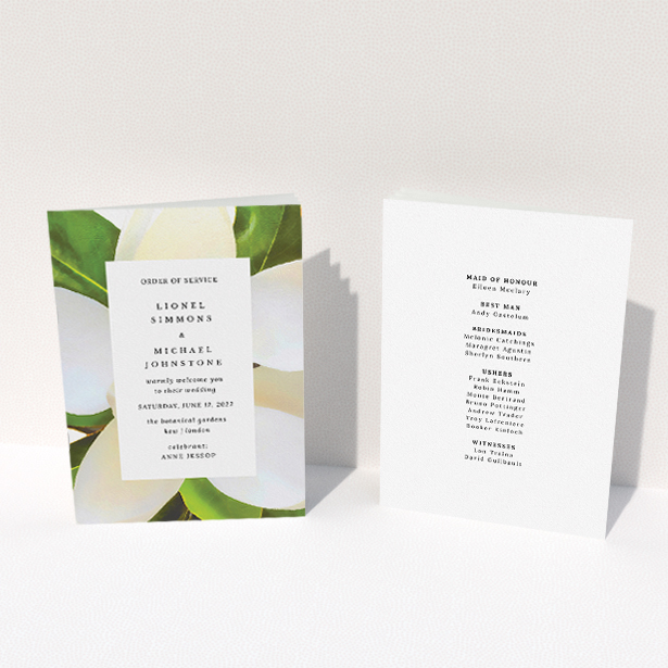 A multipage wedding order of service design titled "Summer Border". It is an A5 booklet in a portrait orientation. "Summer Border" is available as a folded booklet booklet, with tones of green and white.