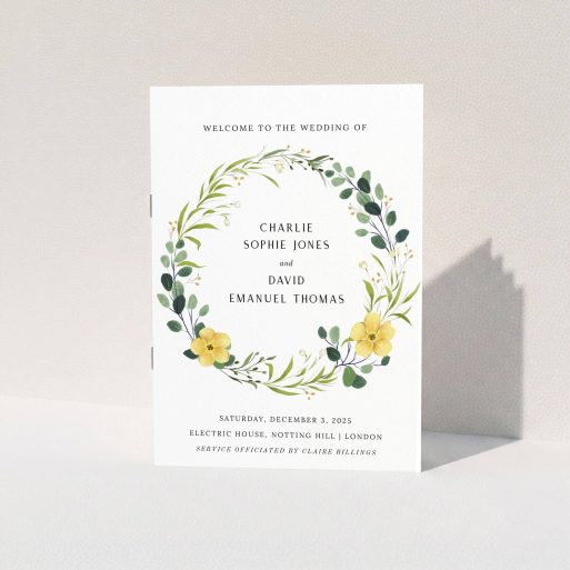 A multipage wedding order of service design called "Summer Wild Flowers". It is an A5 booklet in a portrait orientation. "Summer Wild Flowers" is available as a folded booklet booklet, with tones of light green, dark green and yellow.