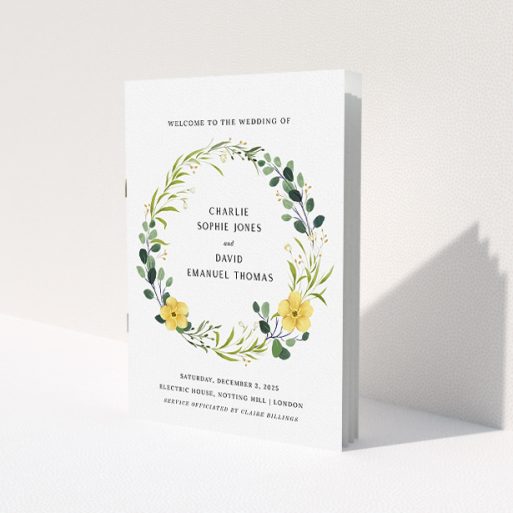 A multipage wedding order of service design called 'Summer Wild Flowers'. It is an A5 booklet in a portrait orientation. 'Summer Wild Flowers' is available as a folded booklet booklet, with tones of light green, dark green and yellow.