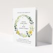 A multipage wedding order of service design called "Summer Wild Flowers". It is an A5 booklet in a portrait orientation. "Summer Wild Flowers" is available as a folded booklet booklet, with tones of light green, dark green and yellow.