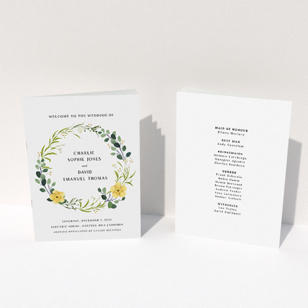 A multipage wedding order of service design called "Summer Wild Flowers". It is an A5 booklet in a portrait orientation. "Summer Wild Flowers" is available as a folded booklet booklet, with tones of light green, dark green and yellow.