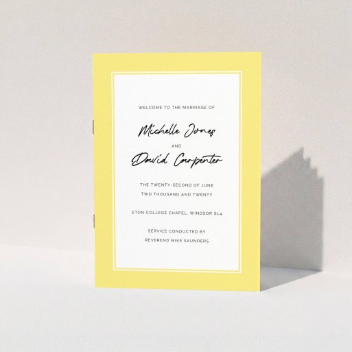 A multipage wedding order of service called "Sunny Traditional Cover". It is an A5 booklet in a portrait orientation. "Sunny Traditional Cover" is available as a folded booklet booklet, with tones of yellow and white.