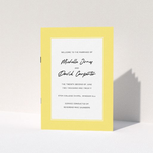 A multipage wedding order of service called "Sunny Traditional Cover". It is an A5 booklet in a portrait orientation. "Sunny Traditional Cover" is available as a folded booklet booklet, with tones of yellow and white.