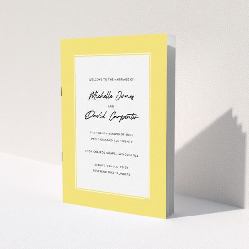 A multipage wedding order of service called 'Sunny Traditional Cover'. It is an A5 booklet in a portrait orientation. 'Sunny Traditional Cover' is available as a folded booklet booklet, with tones of yellow and white.
