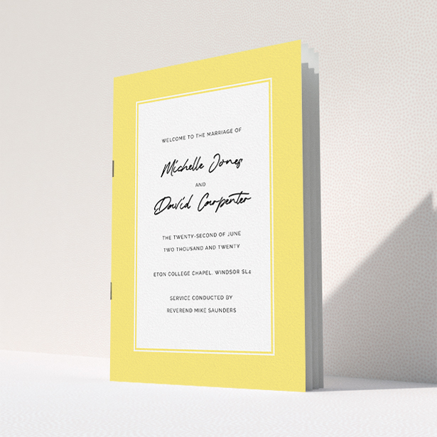A multipage wedding order of service called "Sunny Traditional Cover". It is an A5 booklet in a portrait orientation. "Sunny Traditional Cover" is available as a folded booklet booklet, with tones of yellow and white.