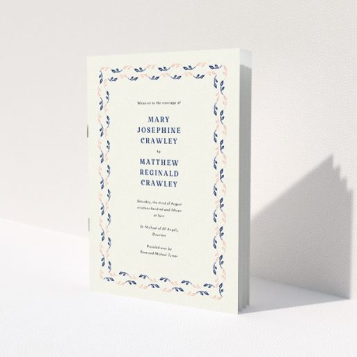 A multipage wedding order of service design named 'Swimming in the garden'. It is an A5 booklet in a portrait orientation. 'Swimming in the garden' is available as a folded booklet booklet, with tones of cream, pink and navy blue.