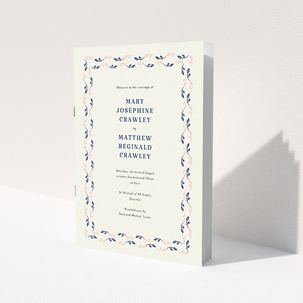 A multipage wedding order of service design named "Swimming in the garden". It is an A5 booklet in a portrait orientation. "Swimming in the garden" is available as a folded booklet booklet, with tones of cream, pink and navy blue.
