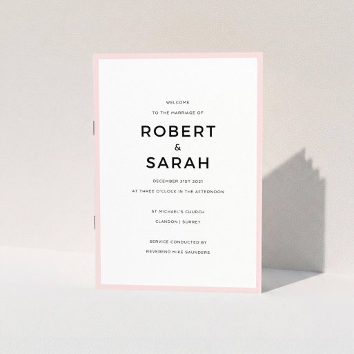 A multipage wedding order of service design called "Thick Pink Classic". It is an A5 booklet in a portrait orientation. "Thick Pink Classic" is available as a folded booklet booklet, with tones of pink and white.