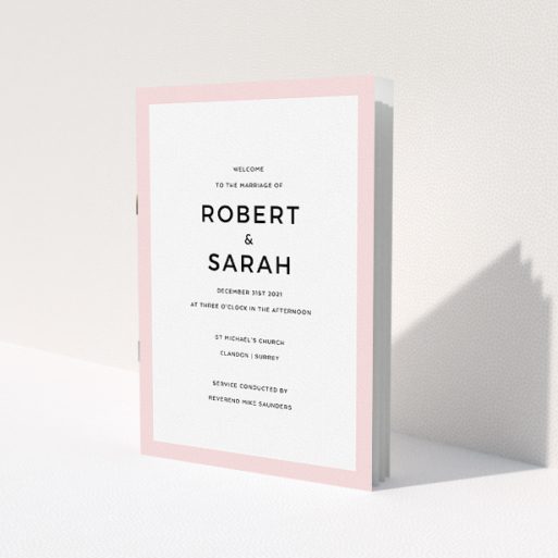 A multipage wedding order of service design called 'Thick Pink Classic'. It is an A5 booklet in a portrait orientation. 'Thick Pink Classic' is available as a folded booklet booklet, with tones of pink and white.