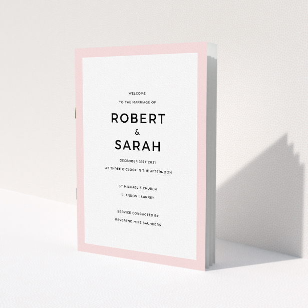 A multipage wedding order of service design called "Thick Pink Classic". It is an A5 booklet in a portrait orientation. "Thick Pink Classic" is available as a folded booklet booklet, with tones of pink and white.