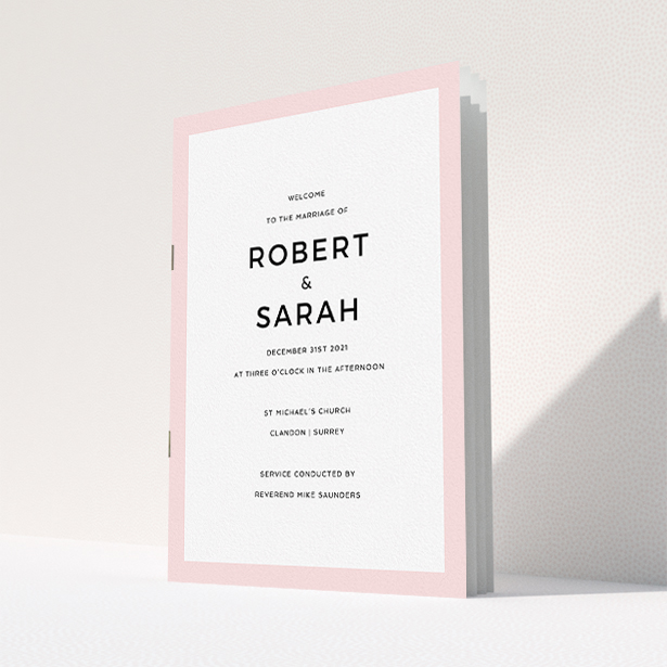 A multipage wedding order of service design called "Thick Pink Classic". It is an A5 booklet in a portrait orientation. "Thick Pink Classic" is available as a folded booklet booklet, with tones of pink and white.