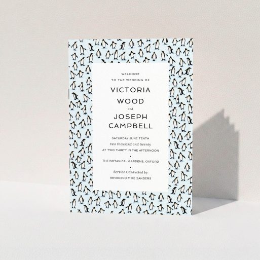 Multi-page Wedding Order of Service Design - "Tiny, Tiny Penguins" A multipage wedding order of service design titled "Tiny, Tiny Penguins". It is an A5 booklet in a portrait orientation. "Tiny, Tiny Penguins" is available as a folded booklet booklet, with tones of blue and black.