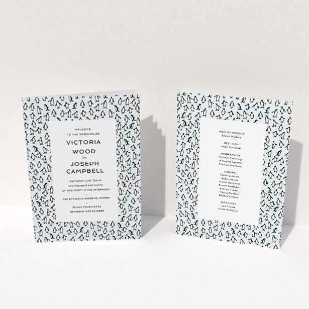 A multipage wedding order of service design titled "Tiny, Tiny Penguins". It is an A5 booklet in a portrait orientation. "Tiny, Tiny Penguins" is available as a folded booklet booklet, with tones of blue and black.