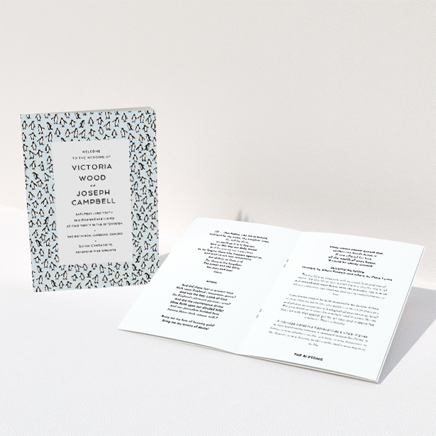 A multipage wedding order of service design titled "Tiny, Tiny Penguins". It is an A5 booklet in a portrait orientation. "Tiny, Tiny Penguins" is available as a folded booklet booklet, with tones of blue and black.