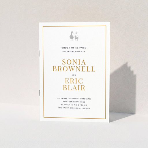 A multipage wedding order of service named "Two little ducks". It is an A5 booklet in a portrait orientation. "Two little ducks" is available as a folded booklet booklet, with tones of white and orange.