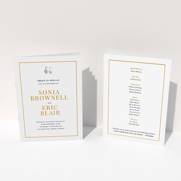 A multipage wedding order of service named "Two little ducks". It is an A5 booklet in a portrait orientation. "Two little ducks" is available as a folded booklet booklet, with tones of white and orange.